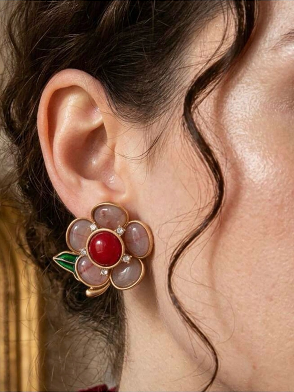 Gold-Tone Floral Clip-On Earrings with Red Center and Pink Petals